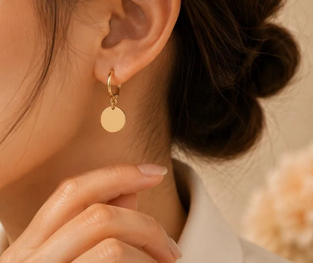Gold Hoop Round Disc Charm Earrings